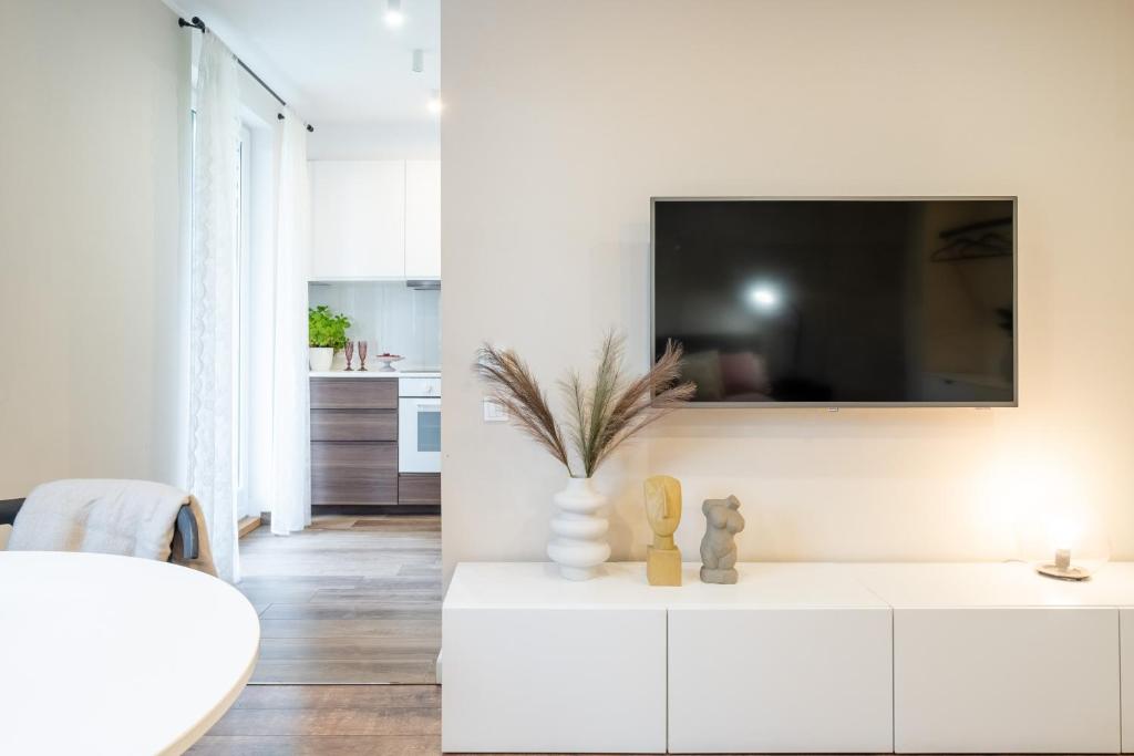 Televízia a/alebo spoločenská miestnosť v ubytovaní Apartamenty Stara Warszawska 43
