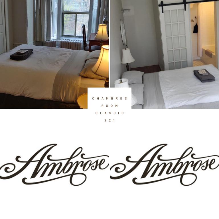 a hotel room with two beds and a sign that says antelope room crisis at Ambrose House & Cafe - SELF CHECK-IN GUESTHOUSE in Montréal
