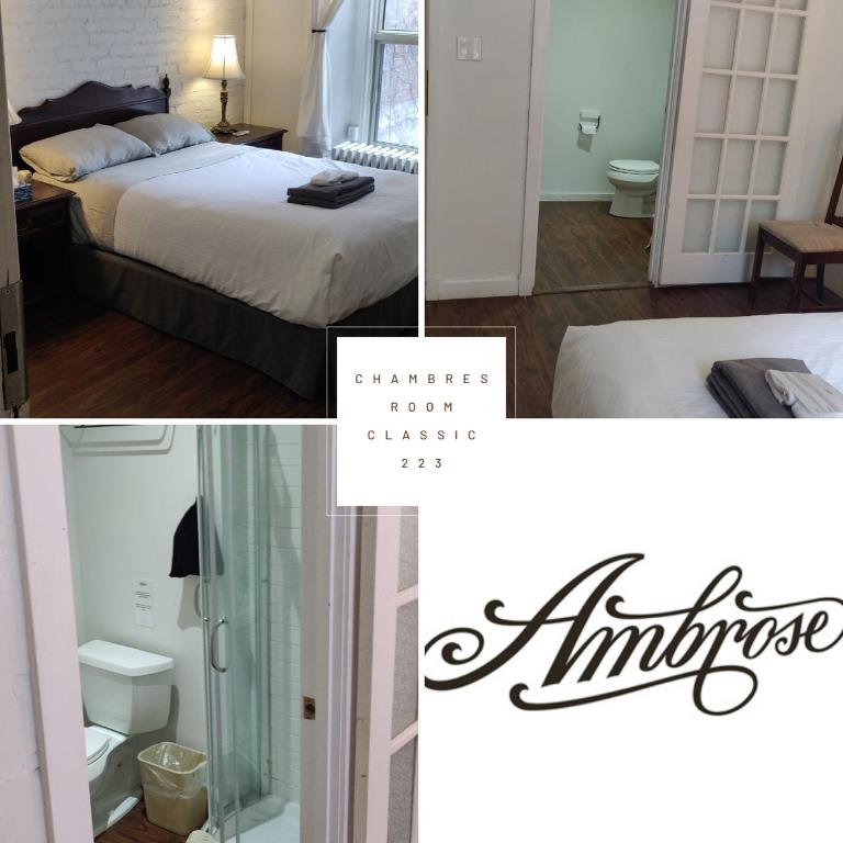 a collage of photos of a bedroom with a bed and a bathroom at Ambrose House & Cafe - SELF CHECK-IN GUESTHOUSE in Montréal
