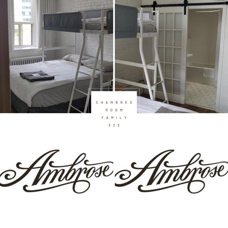 a collage of photos of a bedroom with a bunk bed at Ambrose House & Cafe - SELF CHECK-IN GUESTHOUSE in Montréal