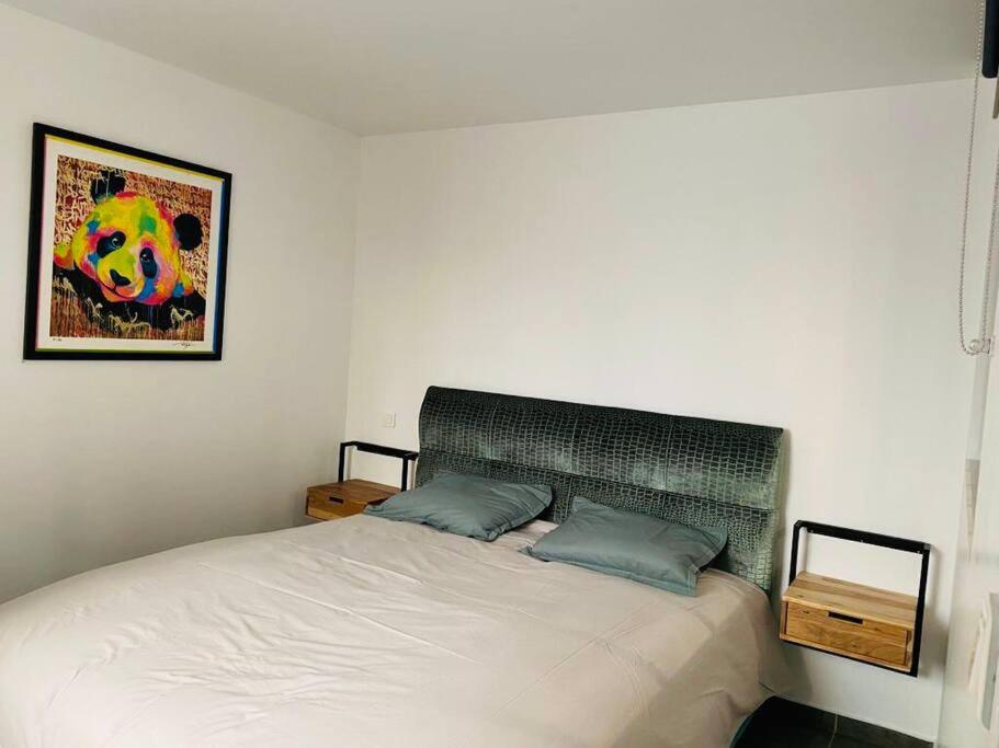 Un dormitorio con una cama con dos almohadas encima. en Toulouse centre 4 couchages, en Toulouse