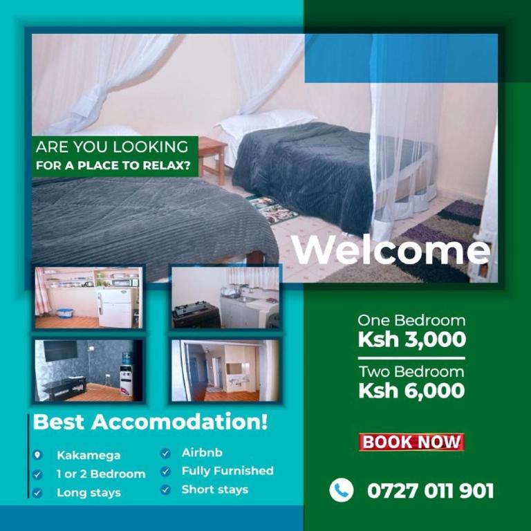un collage de fotos de un dormitorio con cama en Milembe Homes, en Kakamega