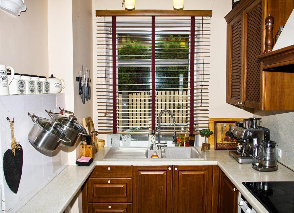 a kitchen with a sink and a window at Villa Del Mar in Jūrmala