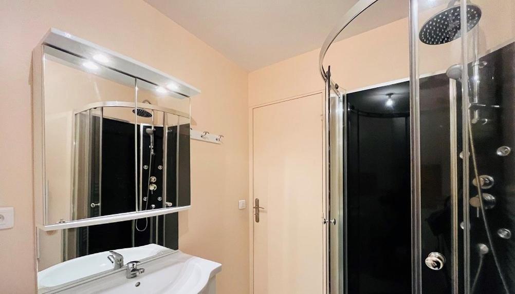 a bathroom with a shower and a sink and a mirror at Le doux refuge in Le Mont-Dore