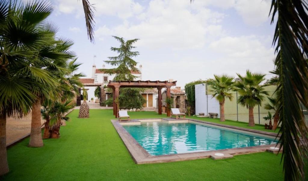 una piscina in un cortile con prato verde e palme di Casa Rural Ventorro de Sales a Pozoblanco