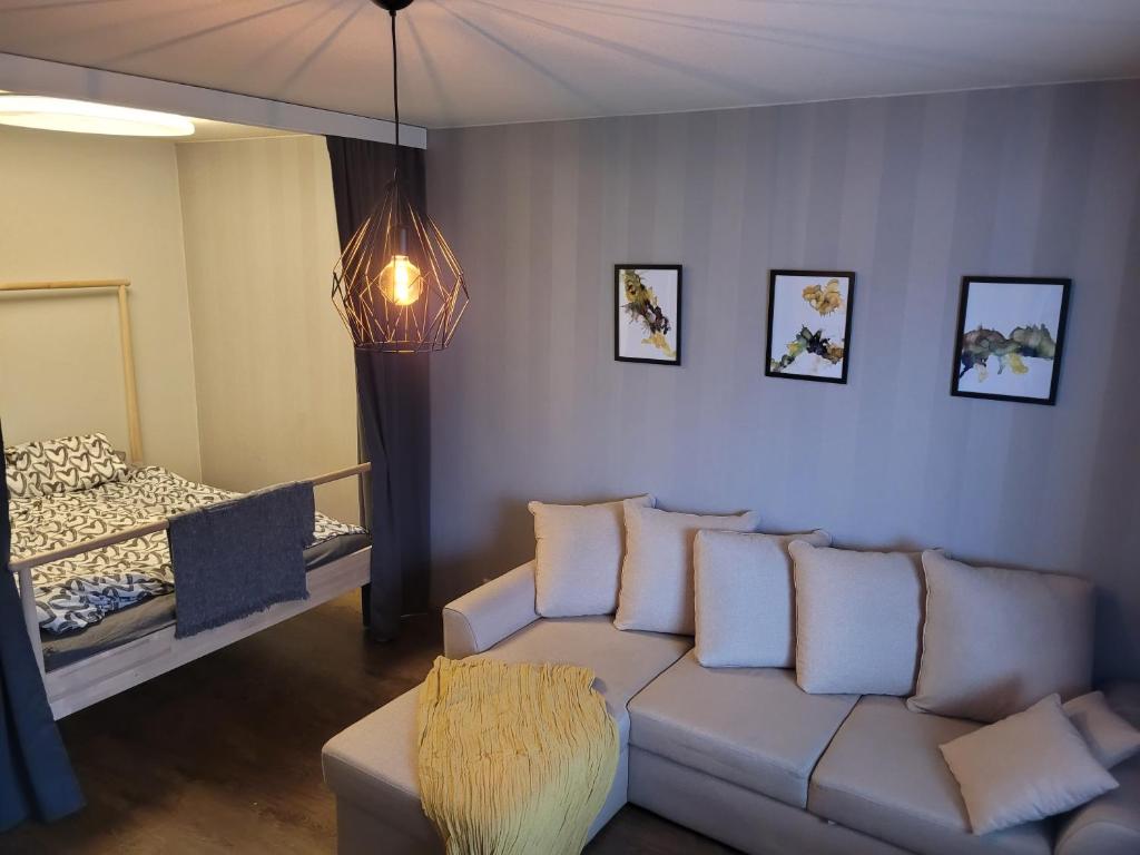 - un salon avec un canapé et un lit dans l'établissement Orivesi keskusta, à Orivesi