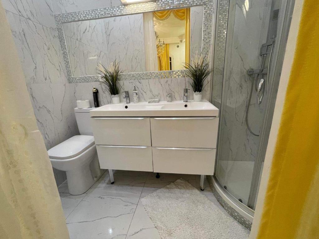 a bathroom with a sink and a toilet and a shower at Chambre de luxe 95 Grise in Deuil-la-Barre