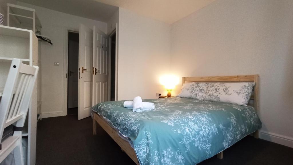 1 dormitorio con 1 cama con luz encendida en Bright & Chilled DB room with own bathroom!, en Londres
