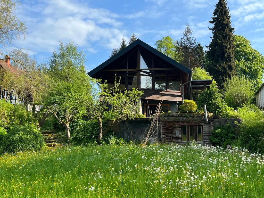 une maison avec un toit noir dans un champ dans l'établissement Schlechtbacher Sägmühle, à Gschwend