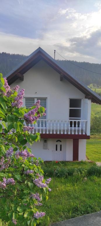 a white house with a window and some flowers at Vlasic holiday home in Vlasic