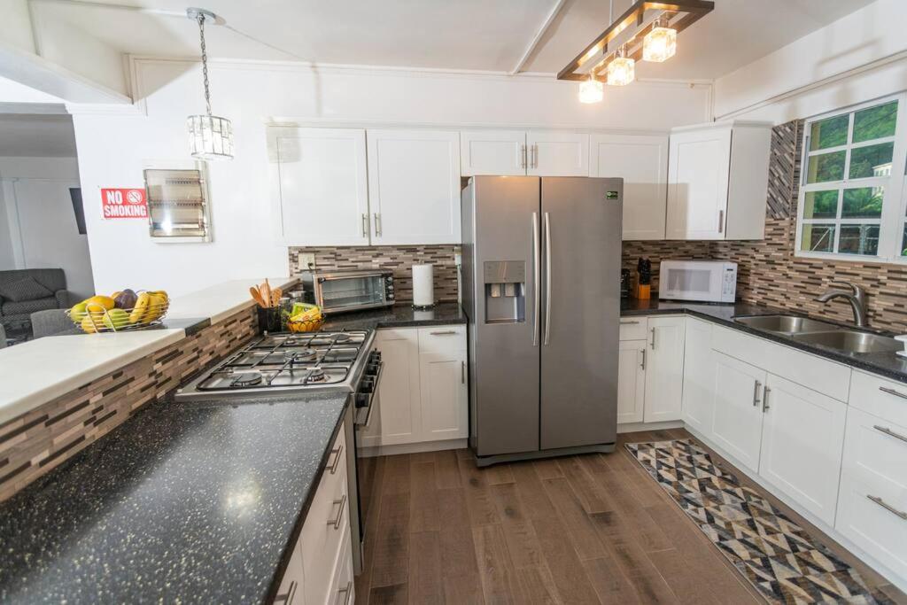 a kitchen with white cabinets and a stainless steel refrigerator at VJ's Guesthouse Vacation Home, Jimmit, Dominica in Roseau