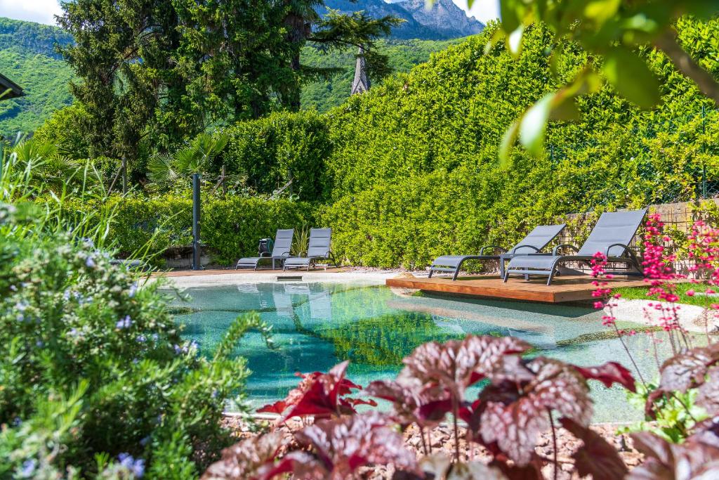 uma piscina com espreguiçadeiras ao lado de uma montanha em Ferienwohnungen Atz em Termeno