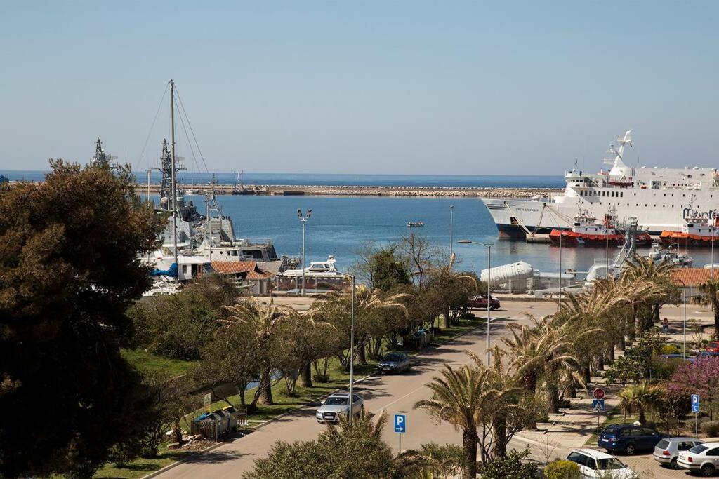 a cruise ship is docked in a harbor with palm trees at Apartment Filip in Bar