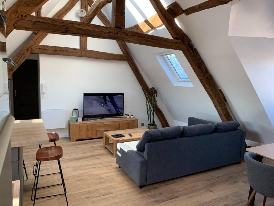 a living room with a blue couch and a tv at Le Henri IV - Vue Cathédrale, Parking in Rouen