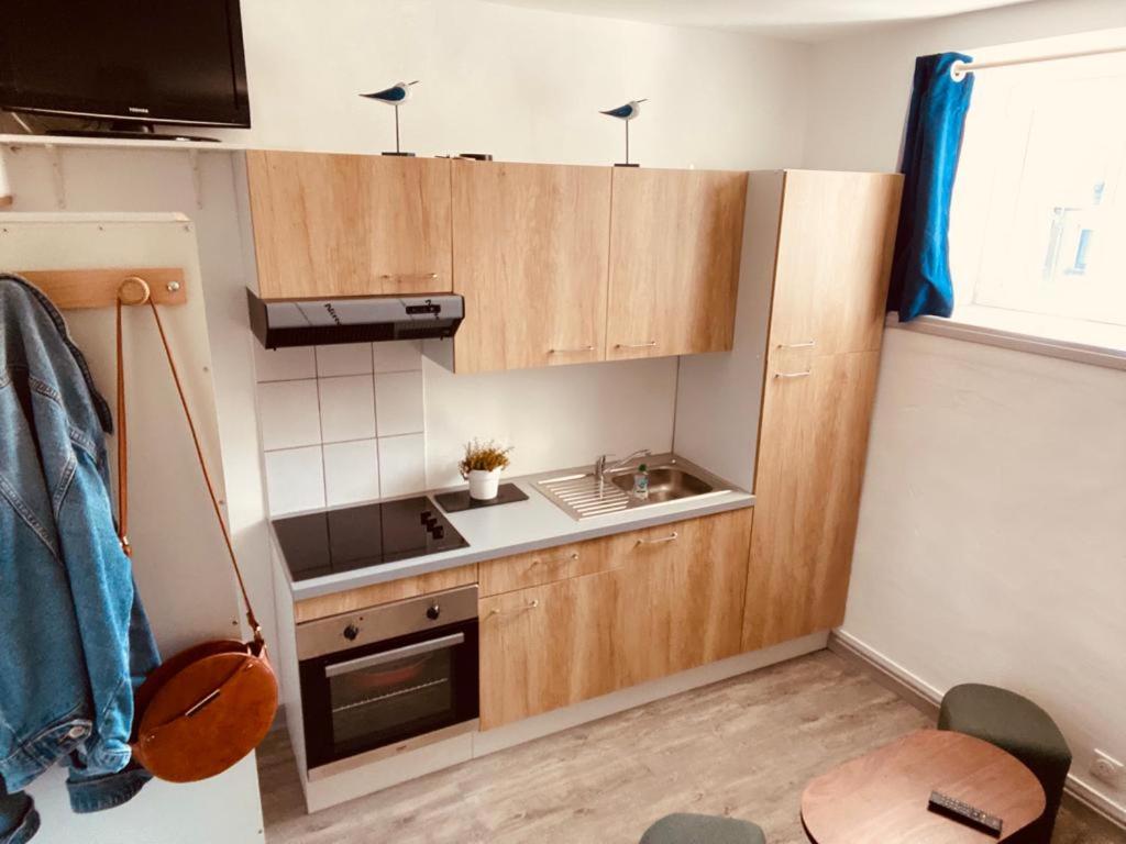 Elle comprend une petite cuisine avec des placards en bois et un évier. dans l'établissement studio coquet, au Guilvinec