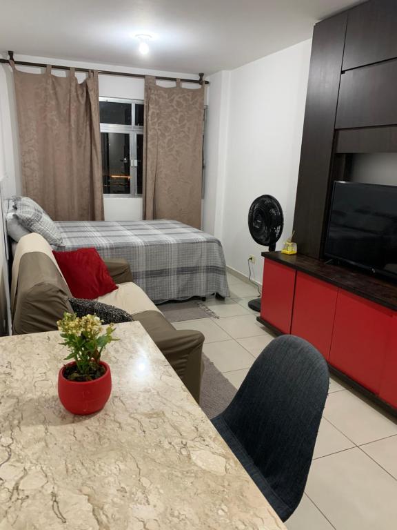 a living room with a couch and a table with a television at Apartamento Paim in São Paulo