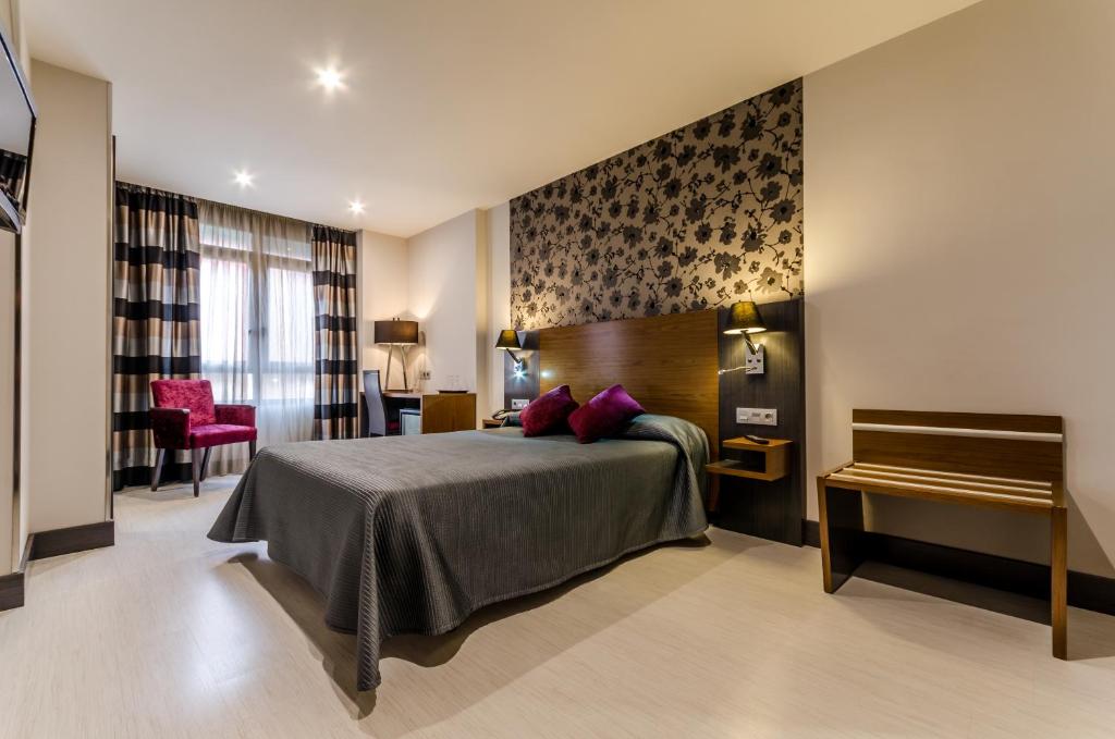 1 dormitorio con cama, escritorio y silla en Hotel Regio Cádiz, en Cádiz