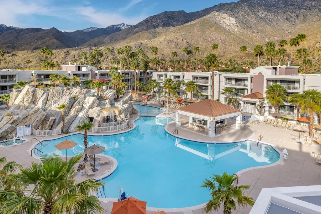 an aerial view of the pool at the resort at Palm Canyon Resort in Palm Springs