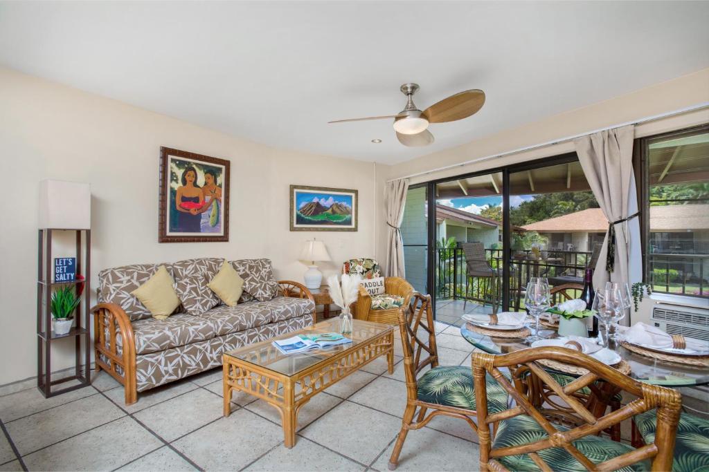 a living room with a couch and chairs at Beautiful 1 Bedroom Condo with Ocean Views | Oceanfront in Kihei