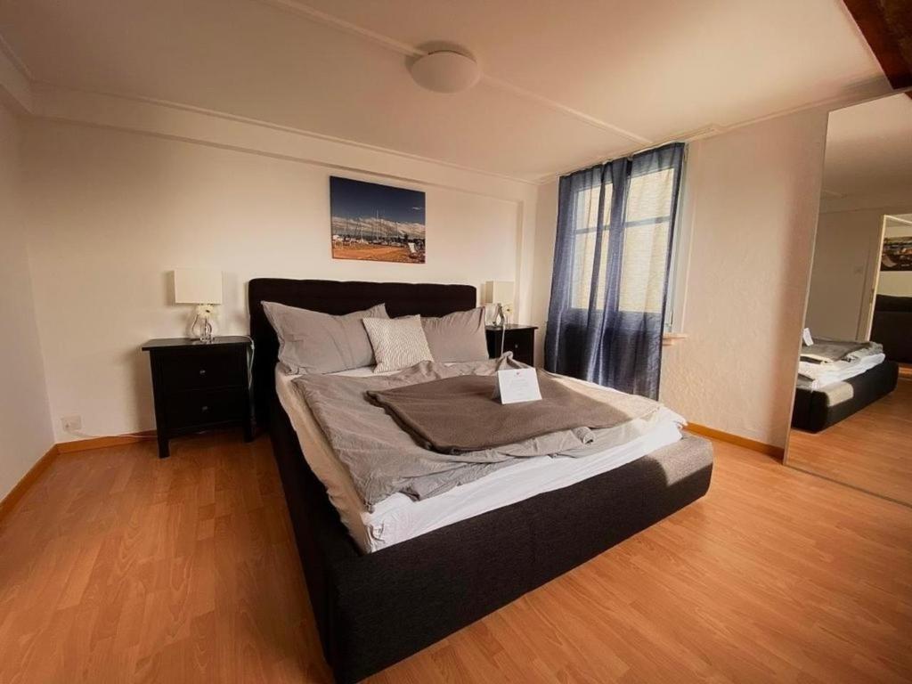 Un dormitorio con una cama grande y una ventana en Apartment Romanshorn von Swisspartments, en Romanshorn