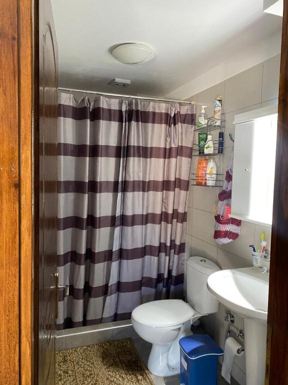 een badkamer met een douchegordijn en een toilet bij Дом для дружной семьи in Mikros Gialos
