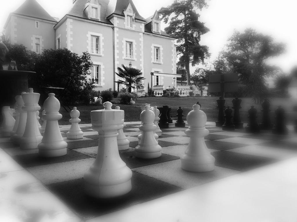 tablica szachowa z figurkami szachowymi przed domem w obiekcie Le Petit Château des Cedres w mieście Mouchamps
