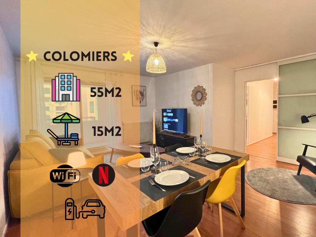 a dining room with a table and yellow chairs at Colomiers Shelter - City, Terrasse, Wifi, Netflix in Colomiers