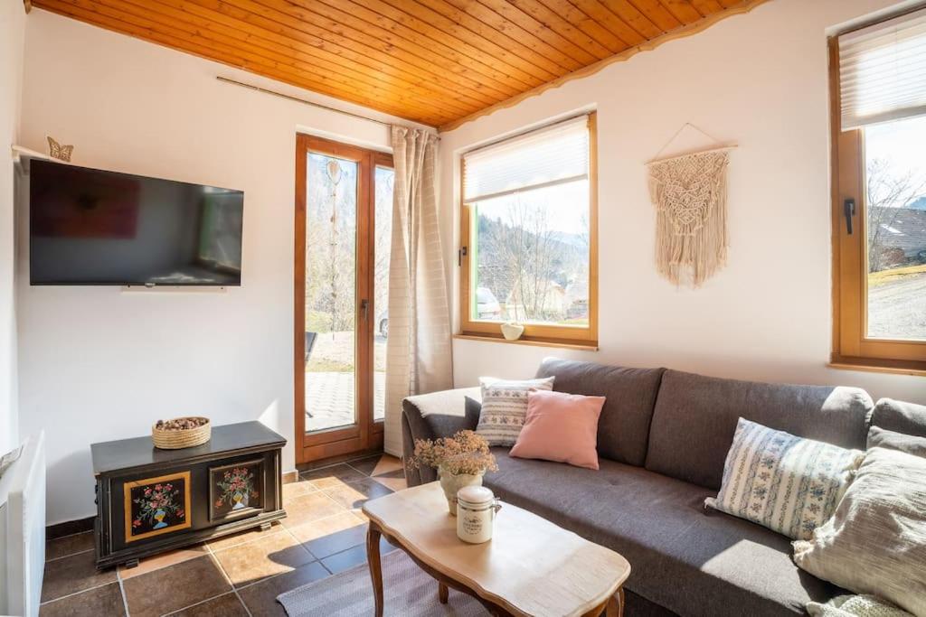 a living room with a couch and a tv at Butterfly Cottage by the Creek in Tržič