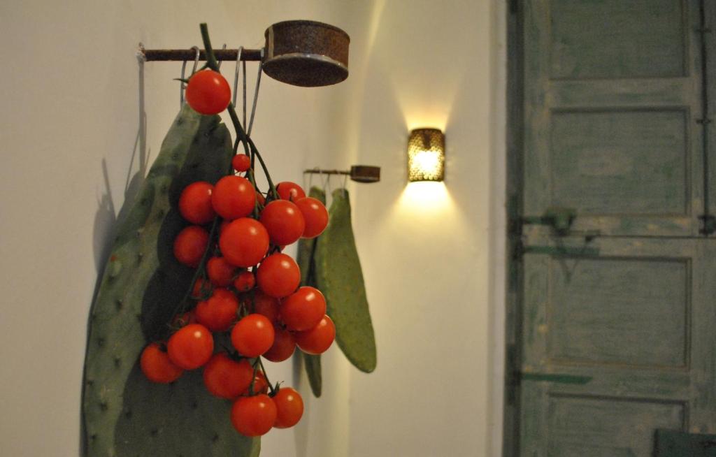 Une bande de baies rouges suspendues à un cactus dans l'établissement Palazzo San Giovanni, à Morciano di Leuca
