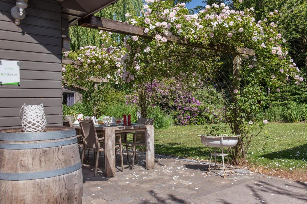 B&B Het Brembos في Wingene: طاولة وكراسي تحت شجرة بها زهور