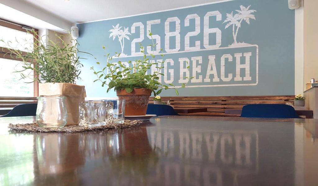 聖彼得奧爾丁的住宿－Ording Beach Hotel，上面有两株盆栽植物的桌子
