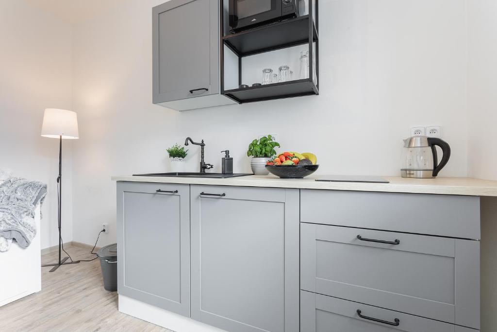 a kitchen with white cabinets and a sink at Vlevo dole Koko Apartment in Rokytnice nad Jizerou
