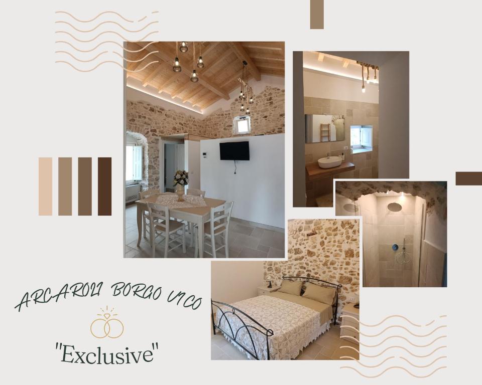 eine Collage mit Fotos von einem Wohnzimmer und einem Schlafzimmer in der Unterkunft Arcaroli Borgo Vico "Exclusive" in Vico del Gargano