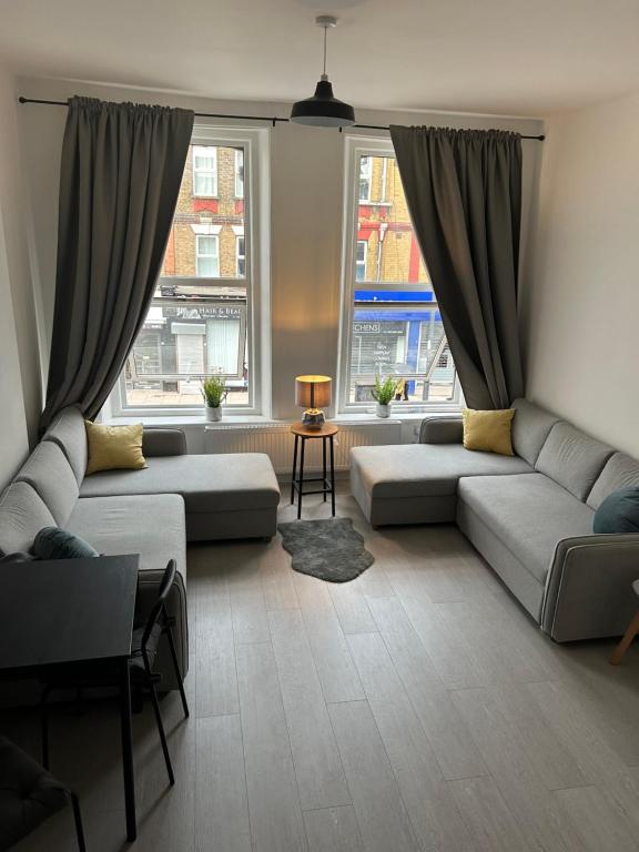 sala de estar con 2 sofás y 2 ventanas en Hackney Apartment en Londres
