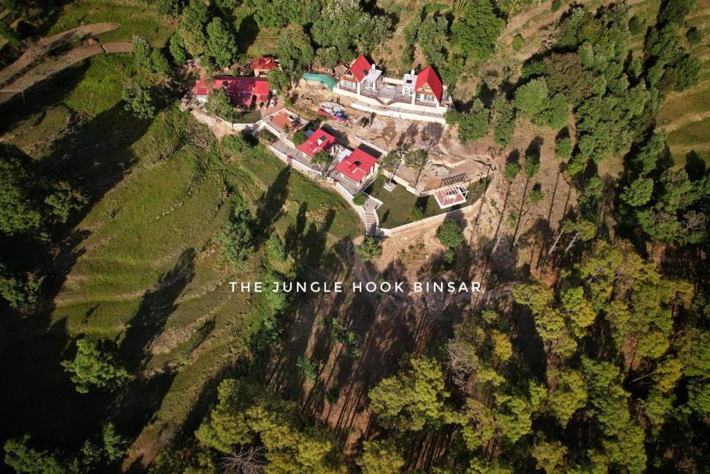 an aerial view of a house on a mountain at The Jungle Hook Binsar in Almora