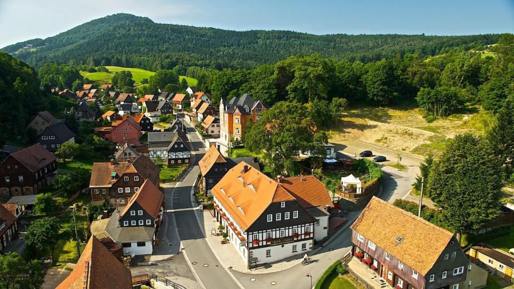 an aerial view of a town in the mountains at Landhotel Quirle-Häusl in Waltersdorf