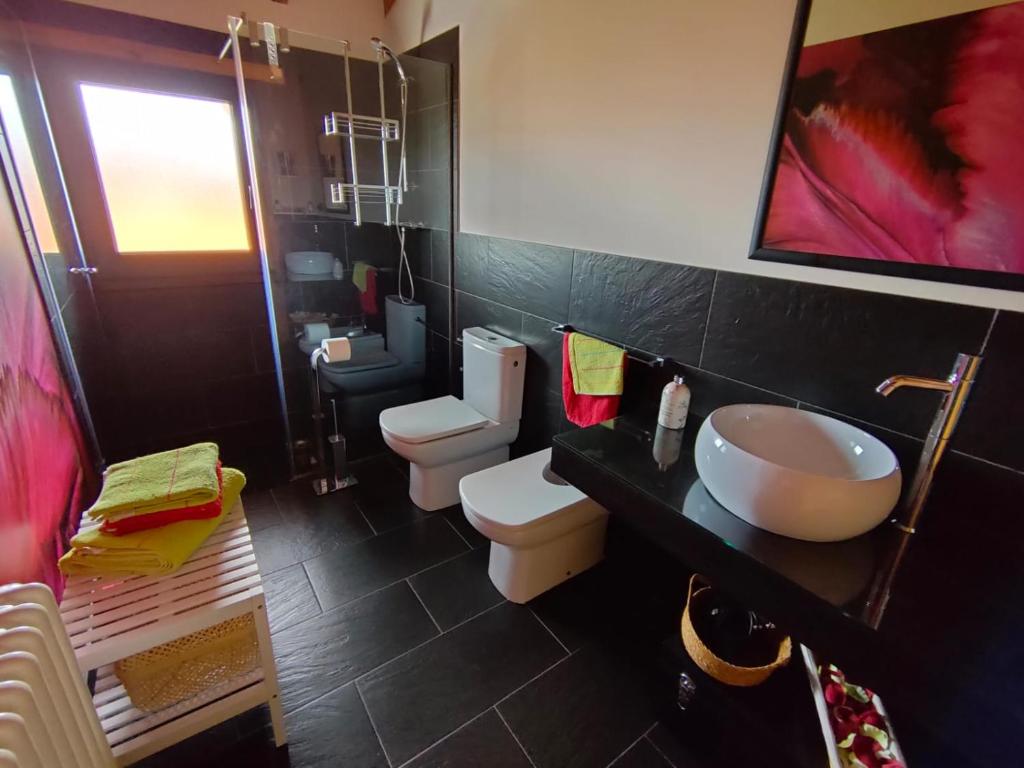 uma casa de banho com 2 WC e um lavatório em Argizu Etxea em Mendexa