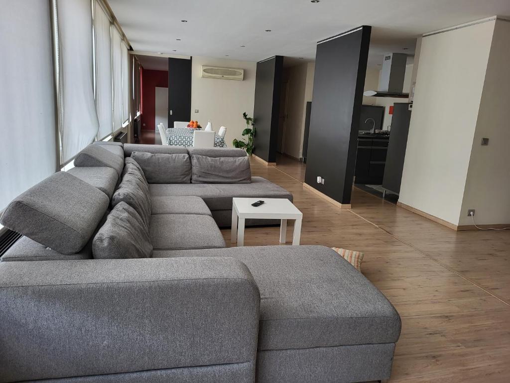 ein Wohnzimmer mit einem grauen Sofa und einem Tisch in der Unterkunft Les Pieds a La Grande Place in Brüssel