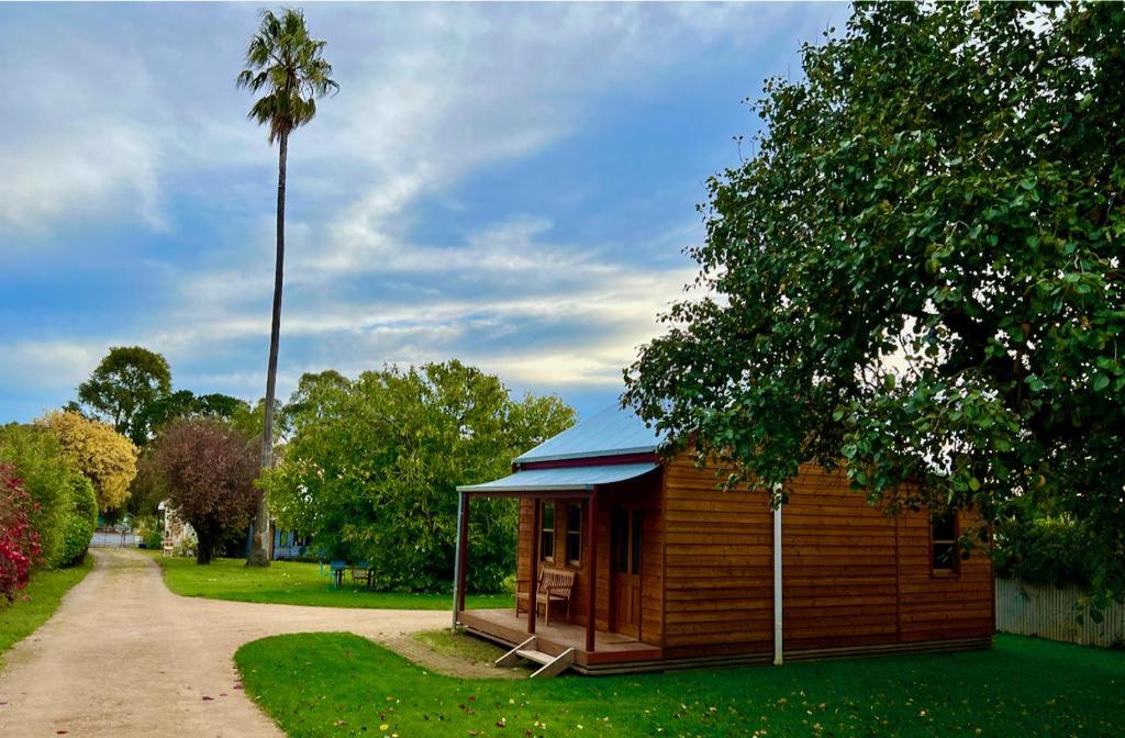 een kleine hut met een palmboom in een park bij Willunga Gallery Cabins in Willunga