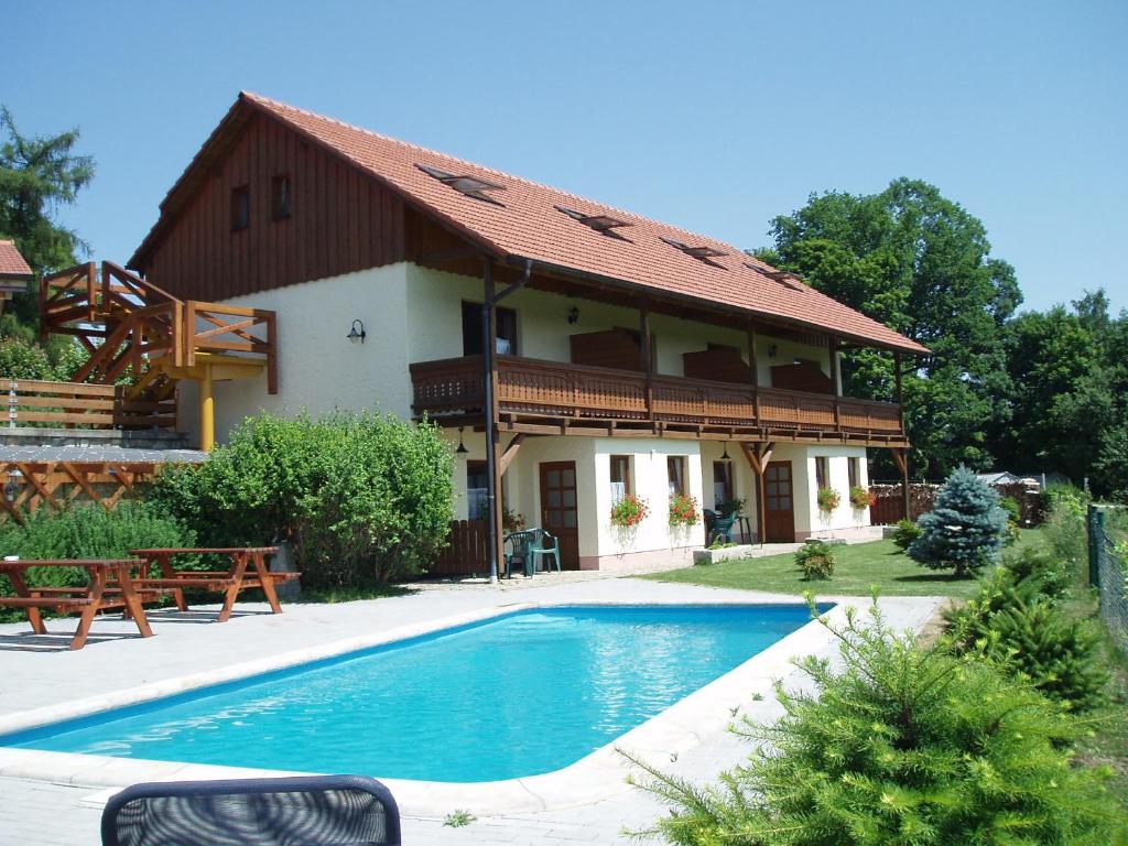 a house with a swimming pool in front of it at Penzion Panter in Horní Planá