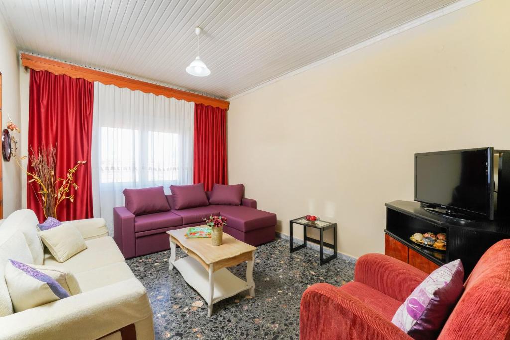 a living room with purple couches and a tv at Elia Villa Thassos in Prinos
