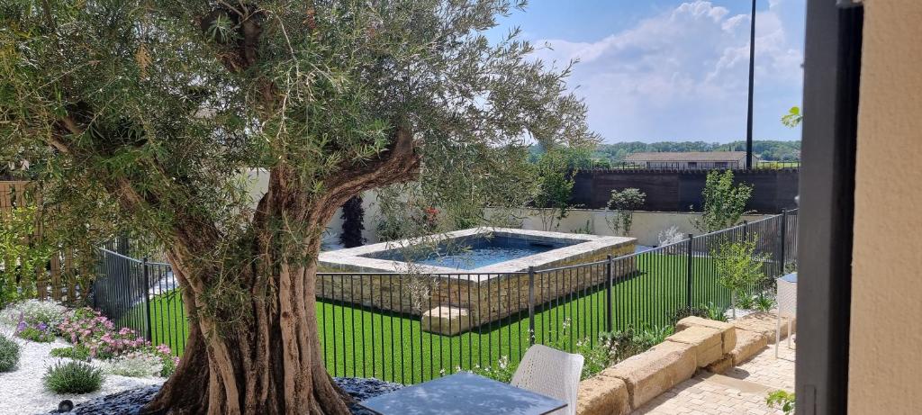 drzewo i płot z basenem w obiekcie Le Petit Eden w mieście Saint-Quentin-la-Poterie