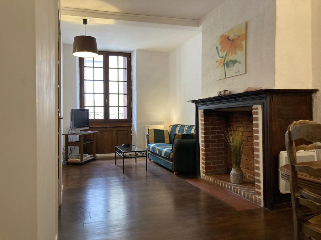 uma sala de estar com um sofá e uma lareira em Apartment Centre Historic em Marvejols