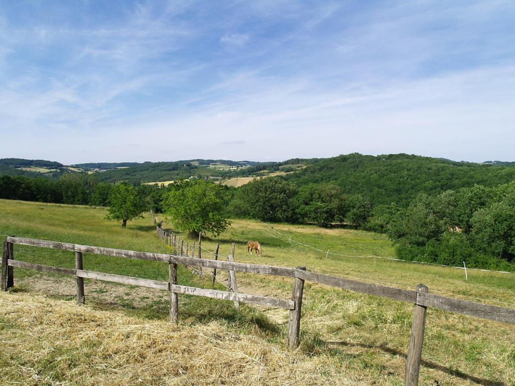 a wooden fence in a field with horses in the distance at Mobil home in Damiatte