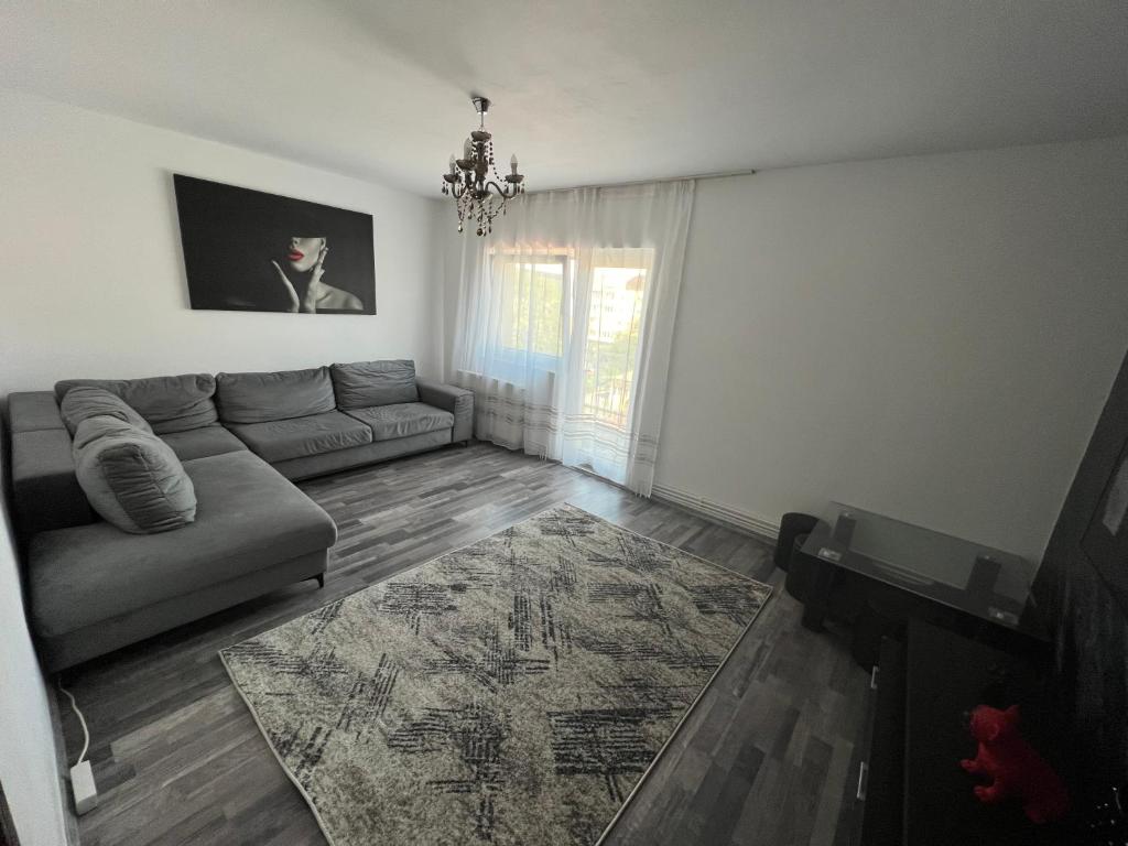 a living room with a couch and a rug at L&L Apartment in Braşov