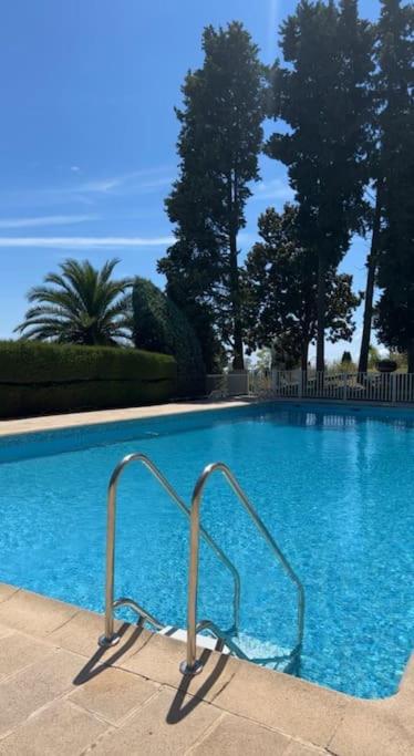 une grande piscine bleue avec une main courante en métal dans l'établissement Appartement Terrasse, à Grasse