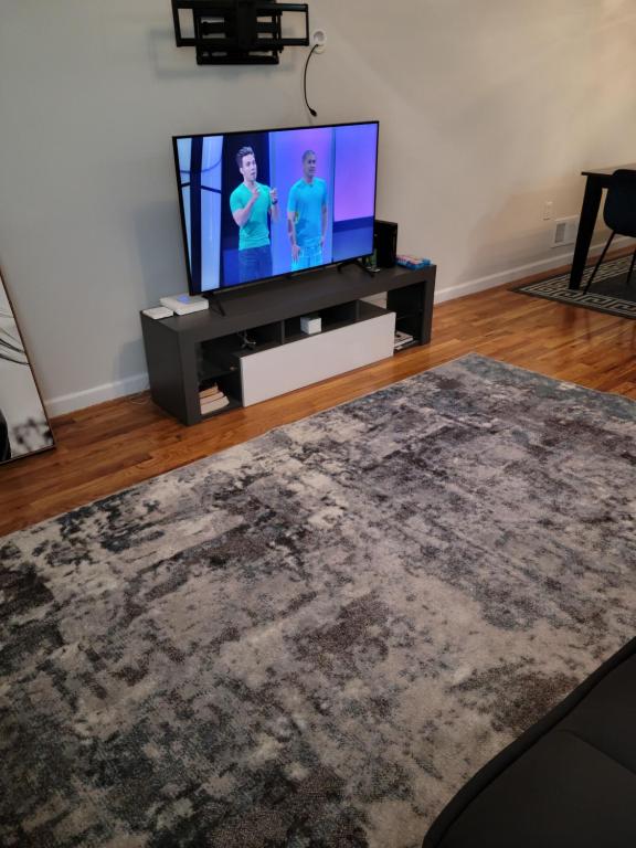 a living room with a flat screen tv and a rug at Daphy Ruby Floor 2 in Newark