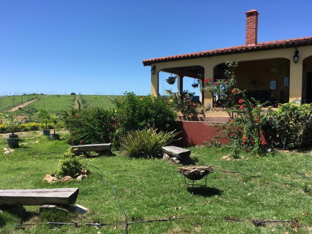 ein Haus mit einem Hof mit Bänken im Gras in der Unterkunft Recanto do Ipês in Garanhuns