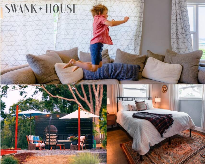 una niñita saltando en un sofá en una sala de estar en Expansive Views at The Crest House by Swank House en Ashland