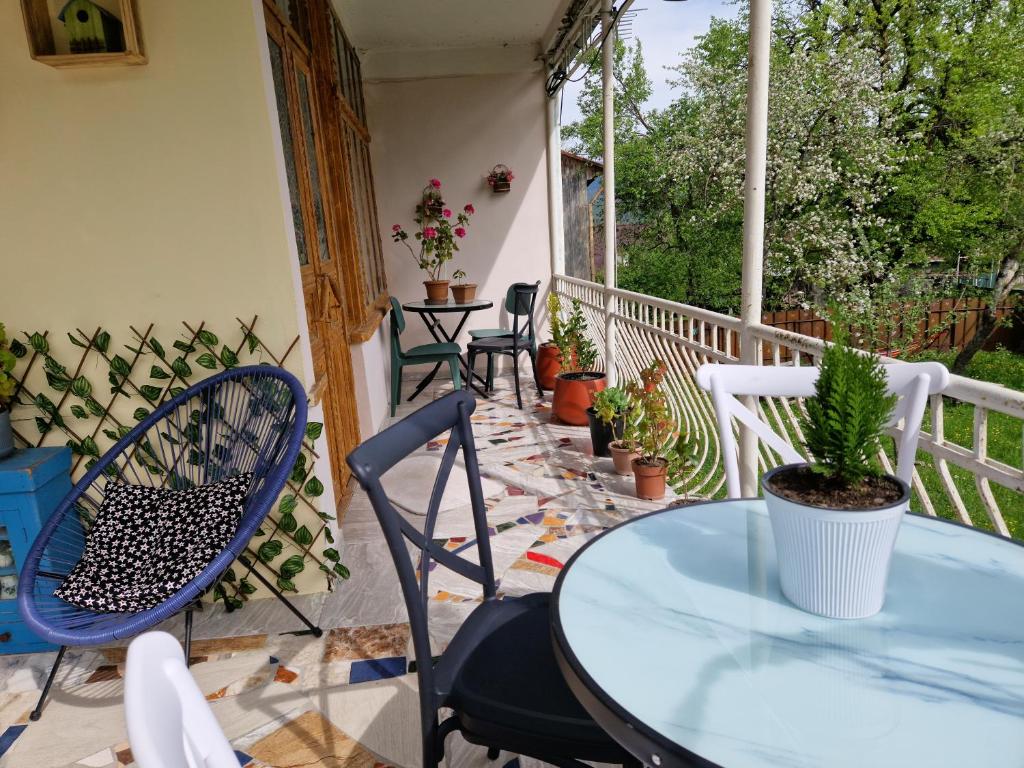 een patio met een tafel en stoelen op een veranda bij Racha guest house MERO in Ambrolauri